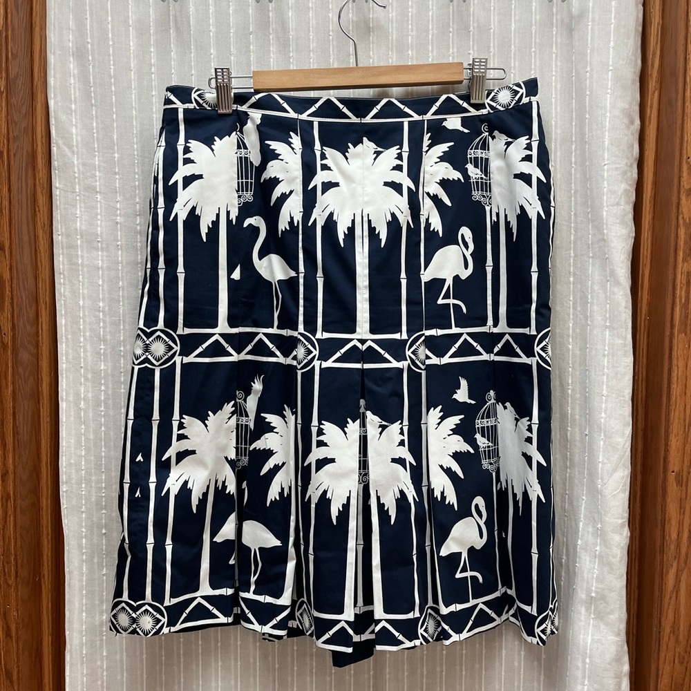 Talbots Pleated Skirt Flamingo Palm Tree Birdcage Navy 100% Cotton Lined Sz 12